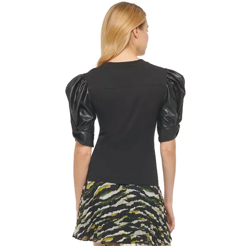 NWT DKNY Women's Faux-Leather Puffed-Sleeve Top XL - Picture 4 of 4